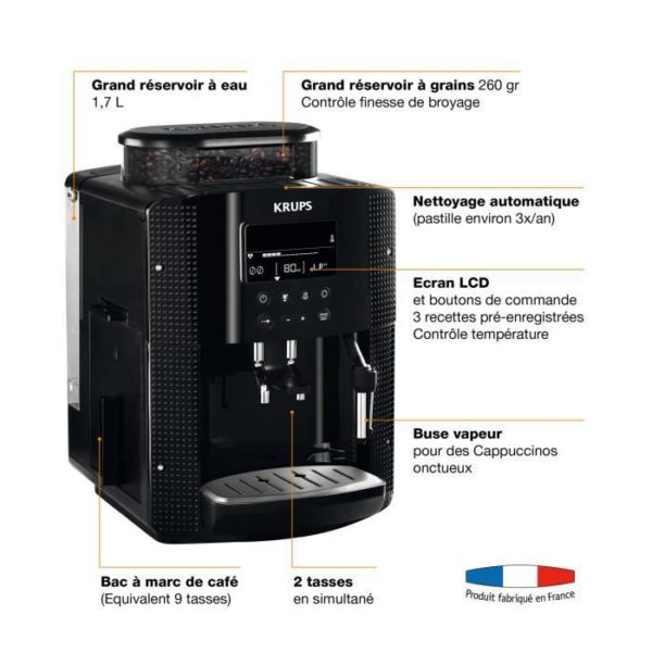 KRUPS YY8135FD Machine à café automatique avec broyeur à grains Essential - Ecran LCD - Pression 15 Bars - Noire